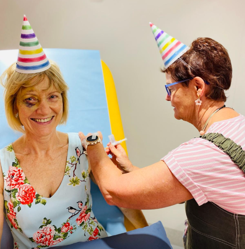 Participant with party hat